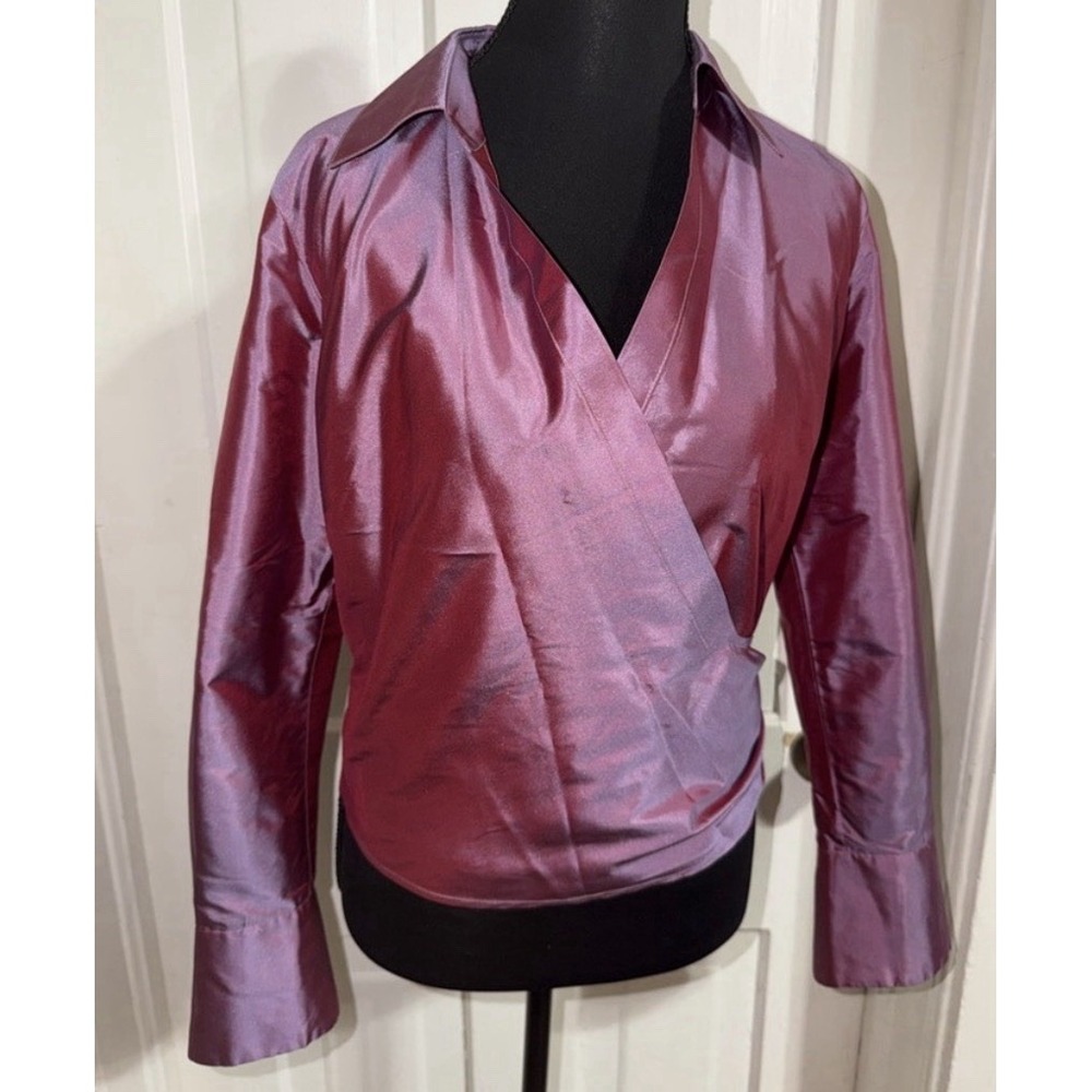 Lafayette 148 New York Silk Wrap Blouse Petite iridescent Purple Red Size 4